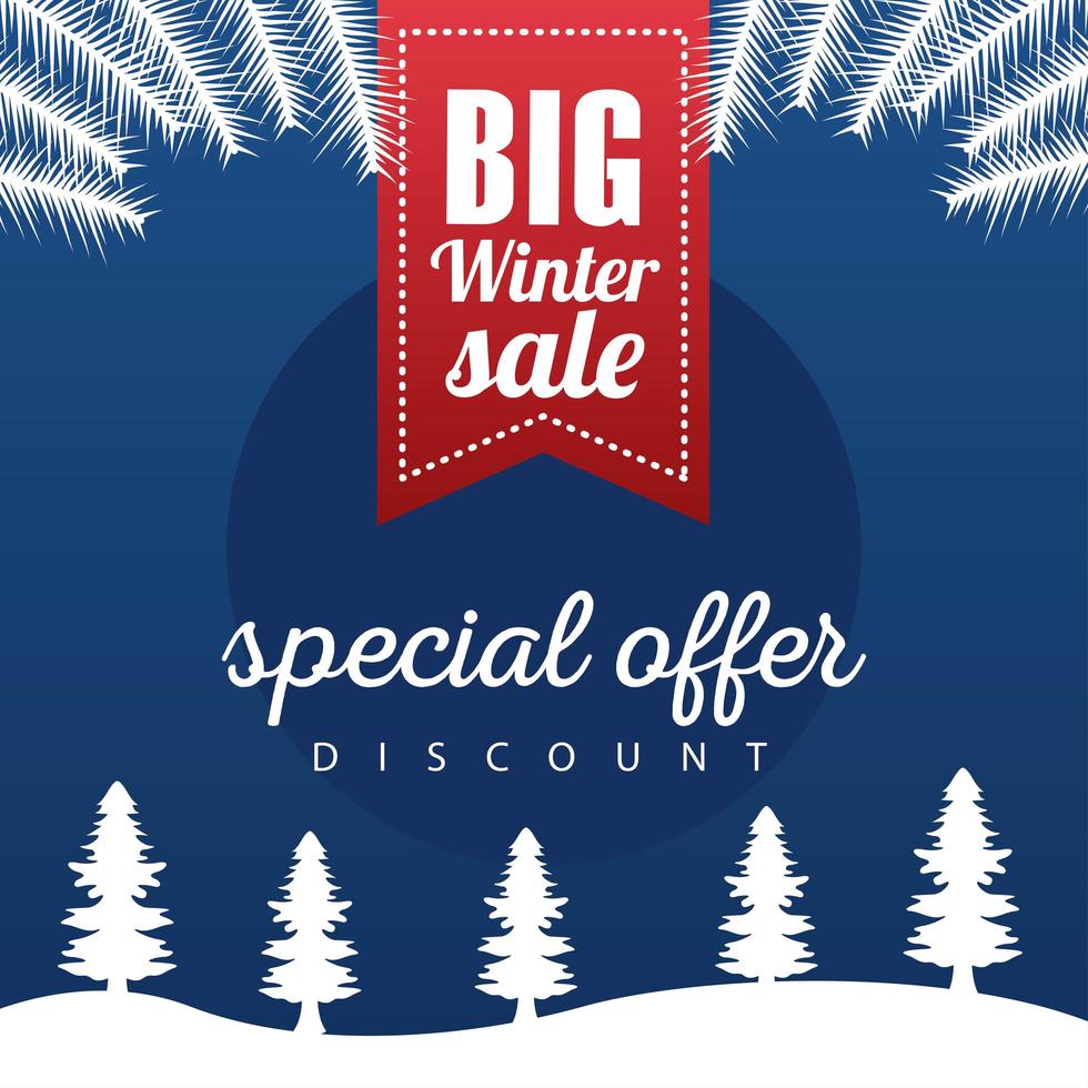 grote winter verkoop poster met lint opknoping in snowscape vector