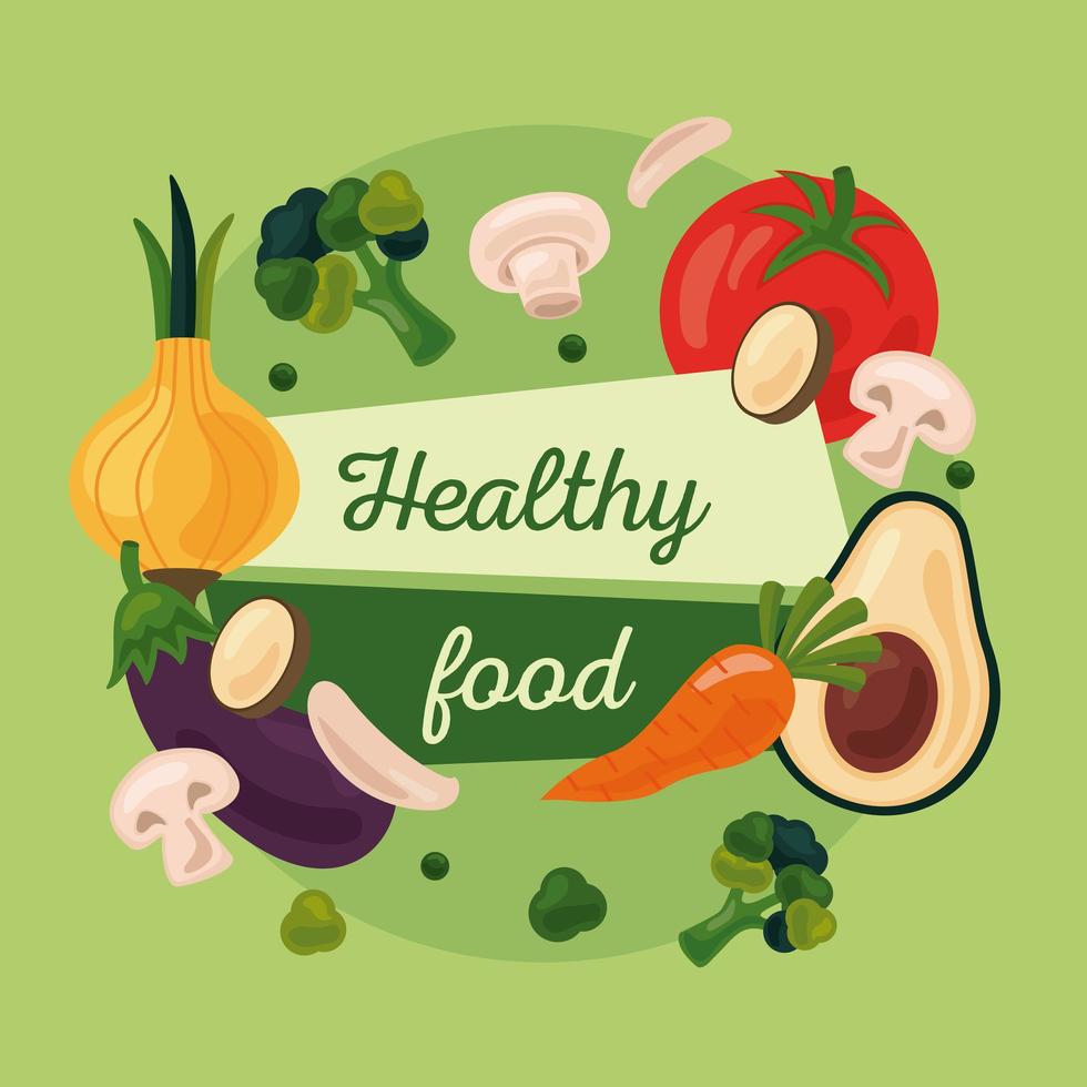 vers fruit en groenten, pictogrammen voor gezonde voeding en belettering vector