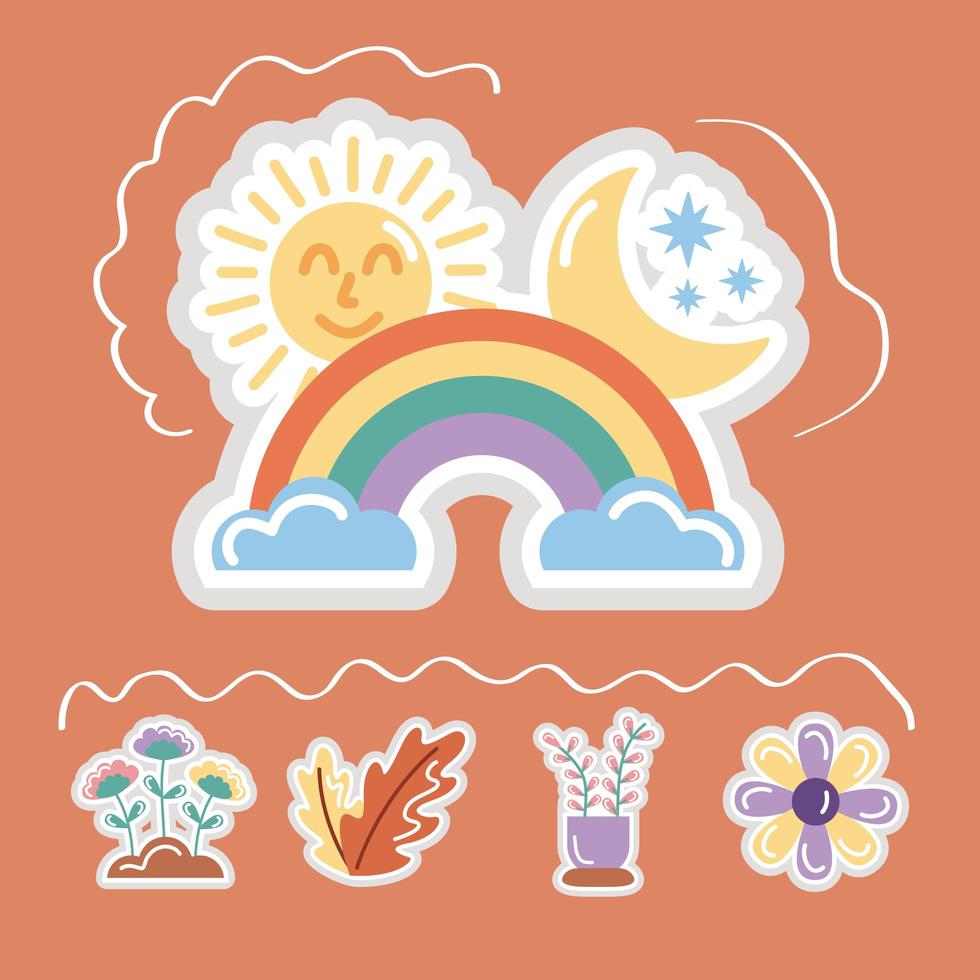 stickers vlakke stijl pictogrammenset met regenboog vector