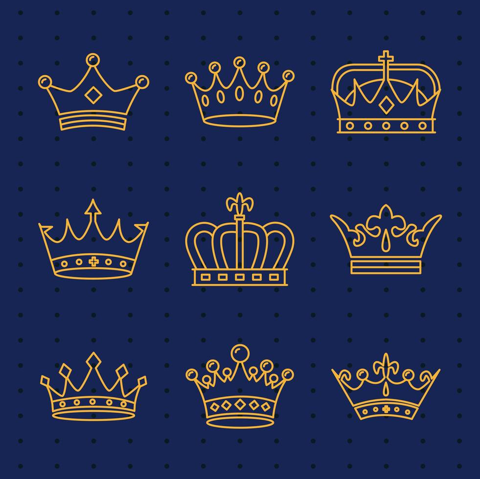 bundel van negen gouden kronen koninklijke lijnstijl iconen vector