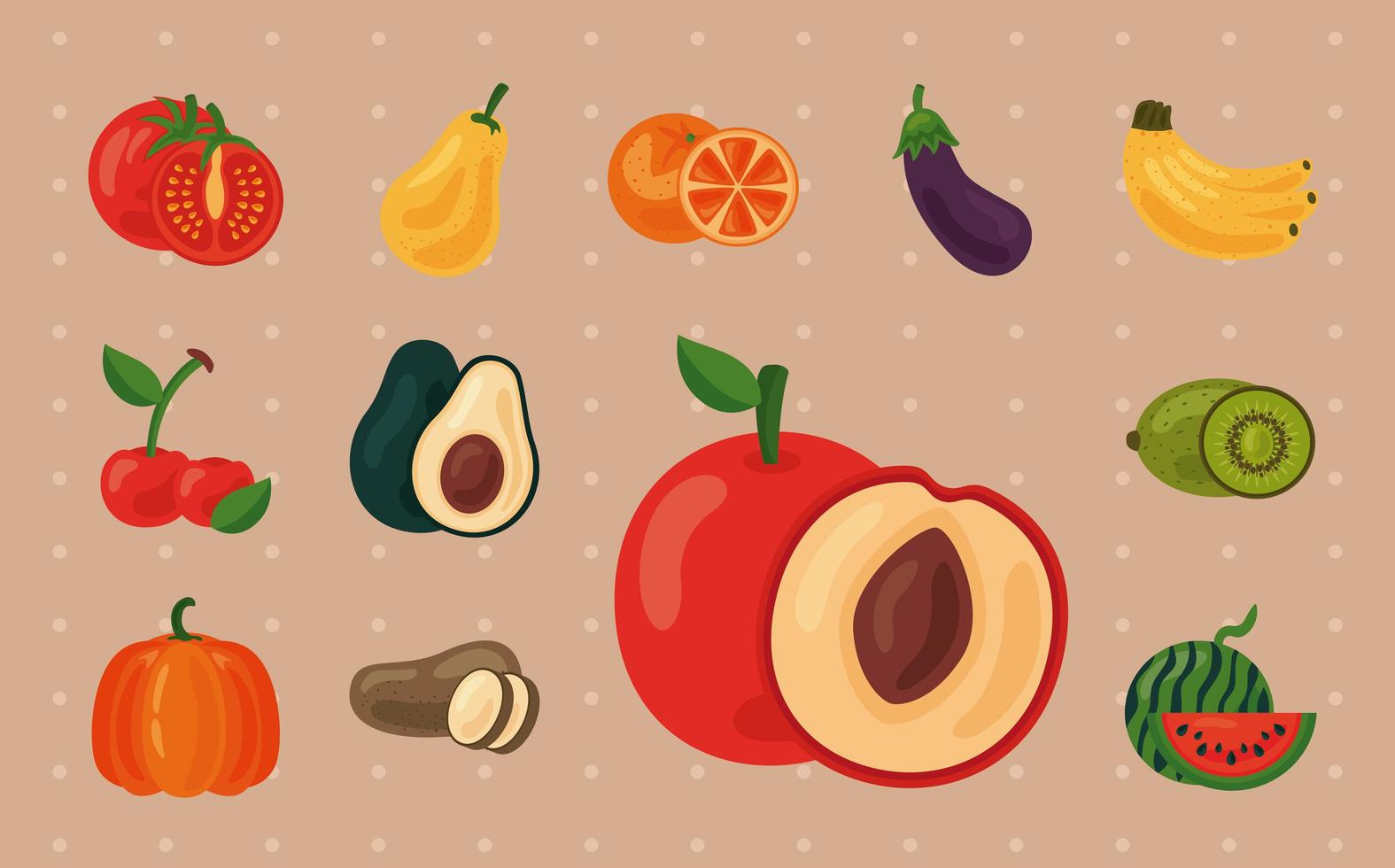 bundel van twaalf verse groenten en fruit, pictogrammen voor gezonde voeding vector