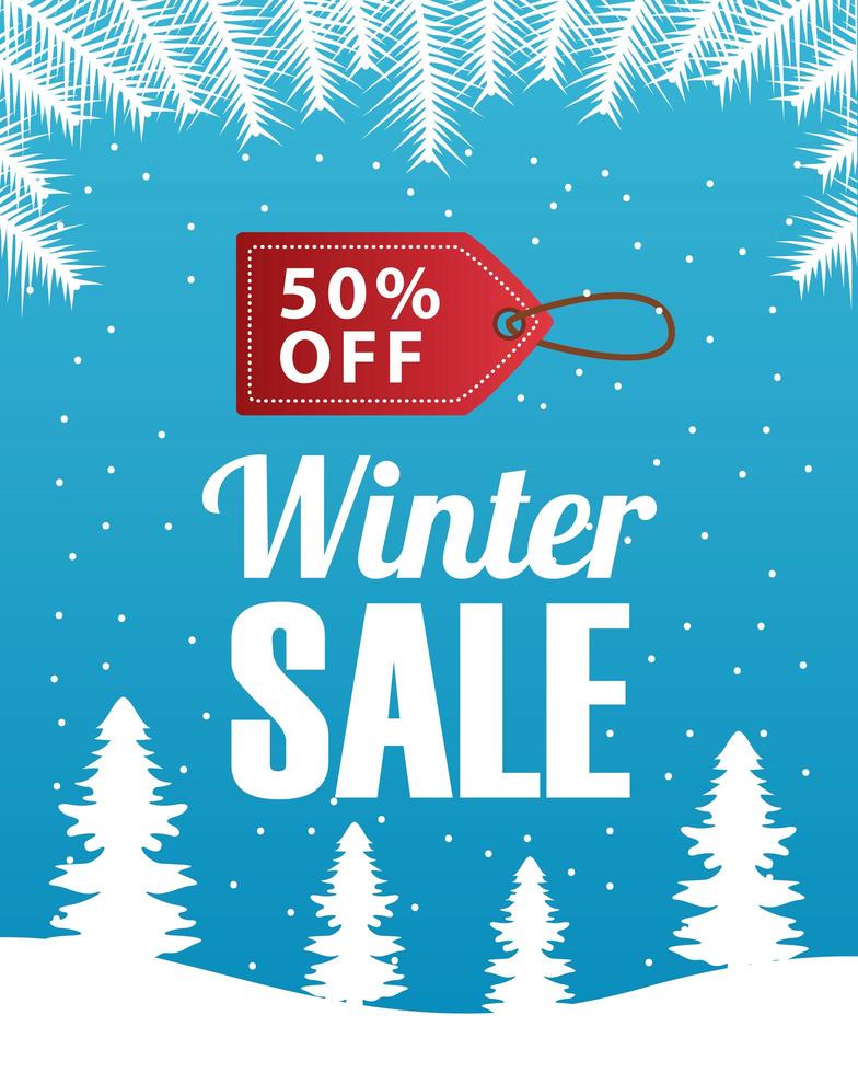 grote winter verkoop poster met tag opknoping in sneeuwlandschap scène vector