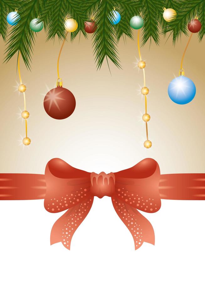 vrolijke kerstkaart met ballen en bladeren decoratie vector