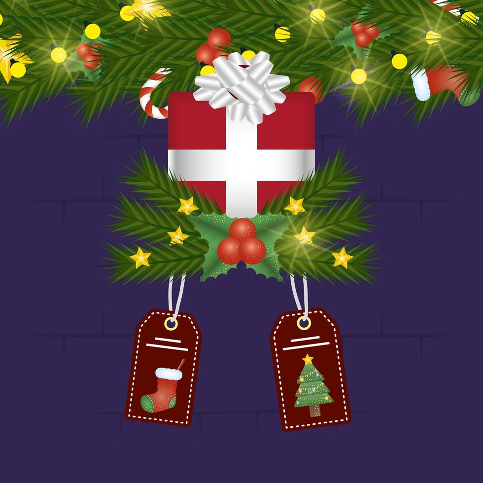 vrolijke kerstkaart met cadeau en tags opknoping vector