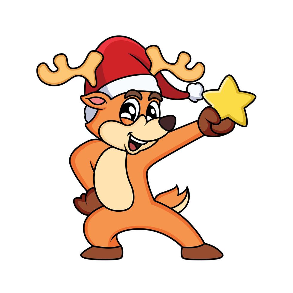 Kerst herten brengen ster met schattige pose cartoon vectorillustratie pictogram. vector