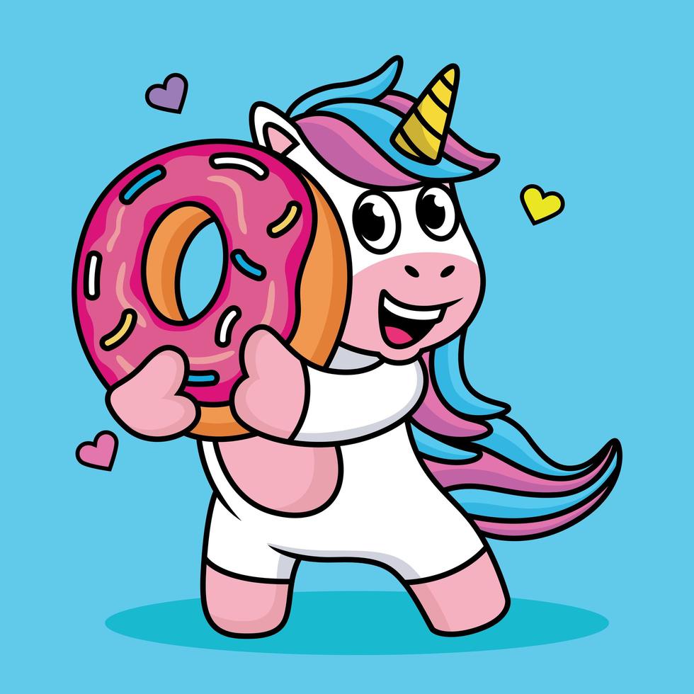 schattige eenhoorn cartoon met zoete donuts en harten. vector illustratie.