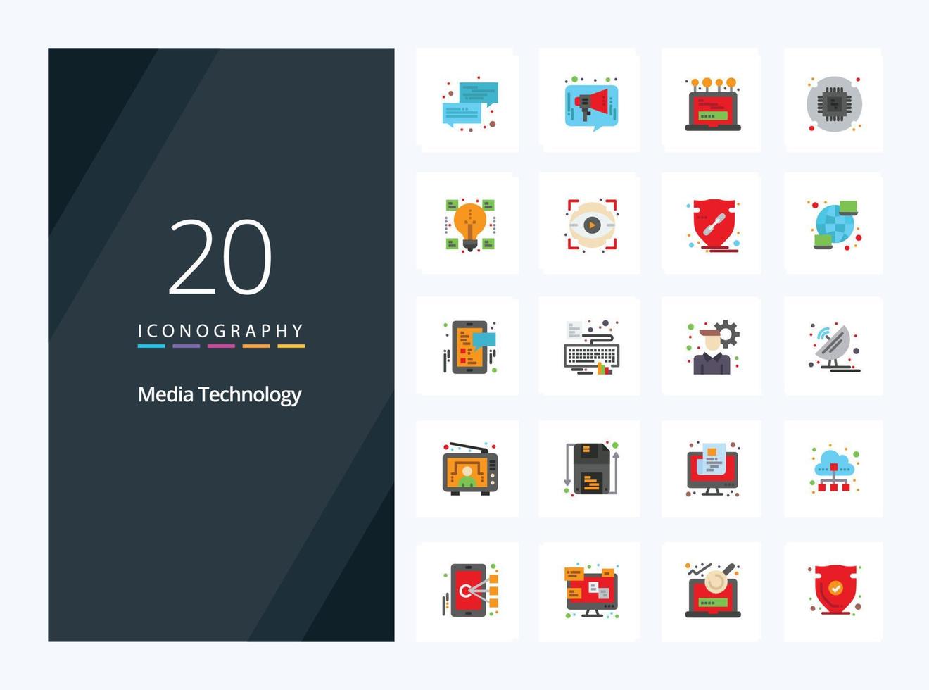 20 media technologie vlak kleur icoon voor presentatie vector