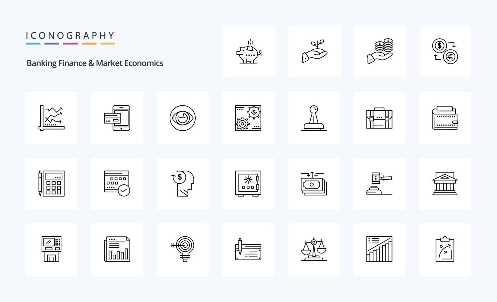 25 bank financiën en markt economie lijn icoon pak vector