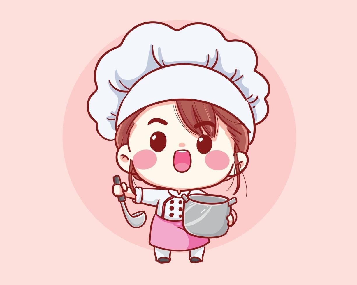 schattig bakkerij chef-kok meisje koken lachende cartoon kunst illustratie vector