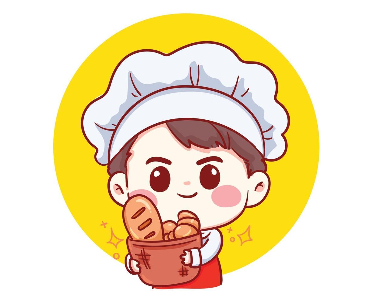 schattige bakkerij chef-kok jongen met brood lachend cartoon kunst illustratie vector