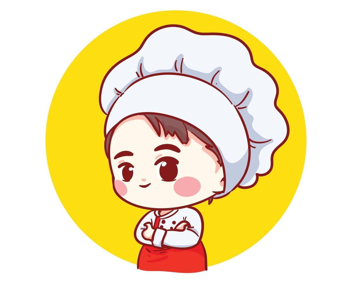 schattige bakkerij chef-kok jongen armen gekruist lachende cartoon kunst illustratie vector