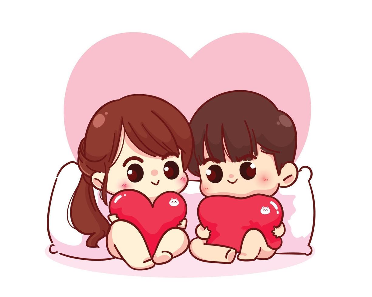 liefhebbers paar zitten met een kussen en harten happy valentine cartoon karakter illustratie te houden vector