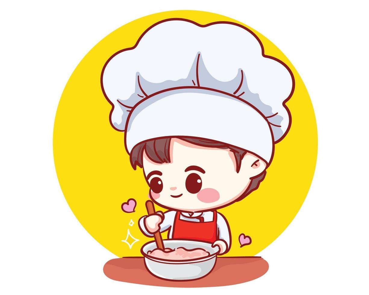 schattige bakkerij chef-kok jongen koken lachende cartoon kunst illustratie vector