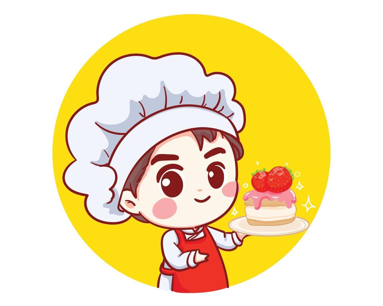 schattige bakkerij chef-kok jongen met een cake lachend cartoon kunst illustratie vector