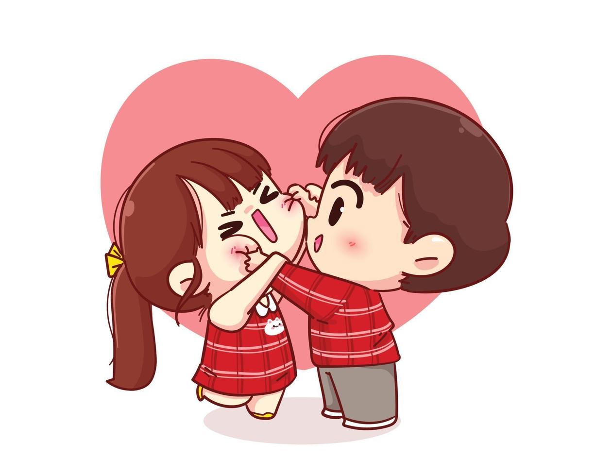 schattige jongen wang knijpen zijn vriendin happy valentine cartoon karakter illustratie vector