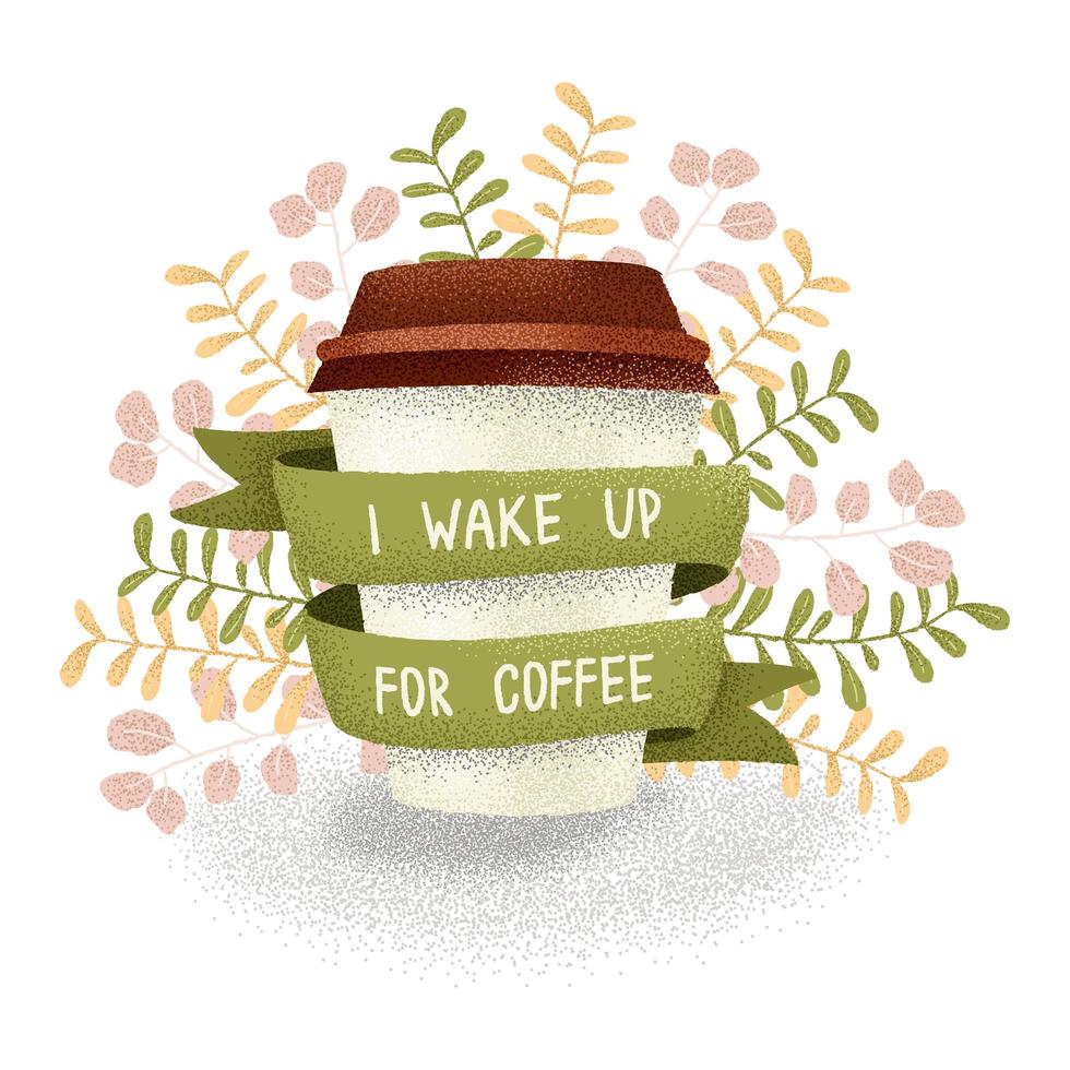 word wakker voor koffie tekstbanner met koffie en takken in graanstijl vector