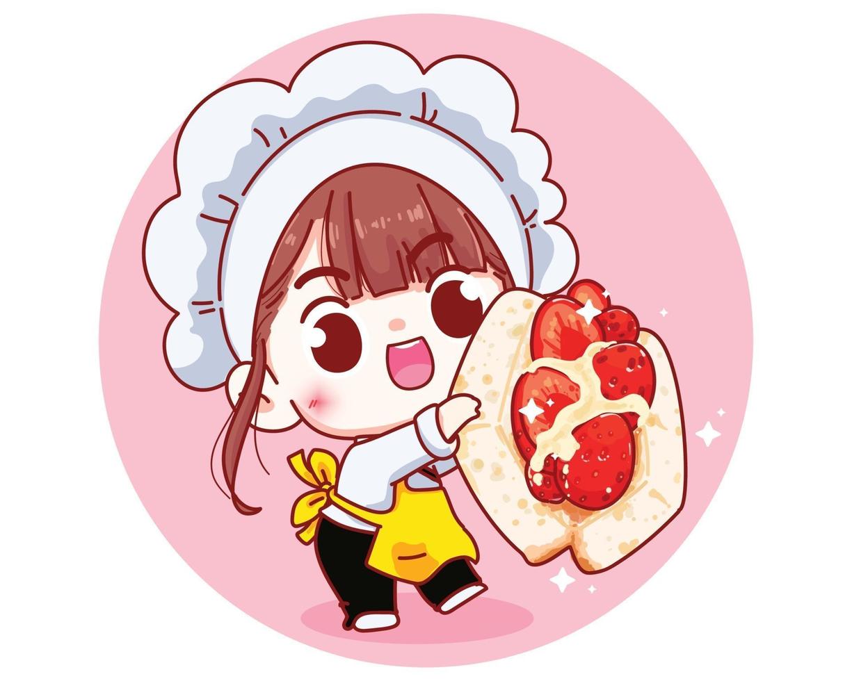 schattige chef-kok met aardbei sandwich brood cartoon afbeelding vector