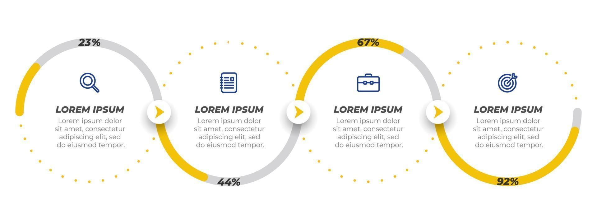 bedrijfsconcept met marketing pictogrammen en ontwerpelementen met cirkel. tijdlijn infographic met 4 stappen of opties. kan worden gebruikt voor werkstroomdiagrammen, presentaties, infografiek, webdesign. vector