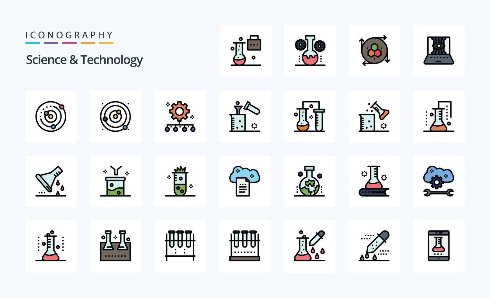 25 wetenschap en technologie lijn gevulde stijl icoon pak vector