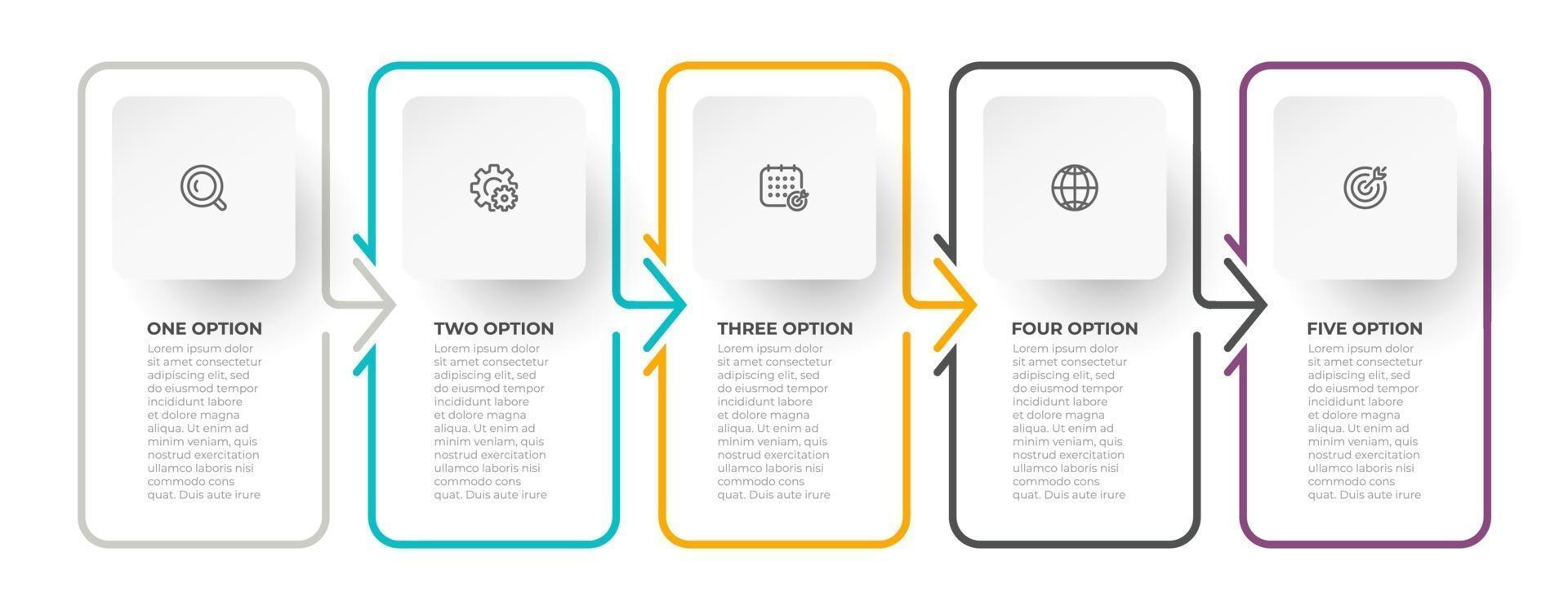 tijdlijn infographic sjabloon. bedrijfsconcept dunne lijn ontwerp met pijlen en 5 opties of stappen. vector