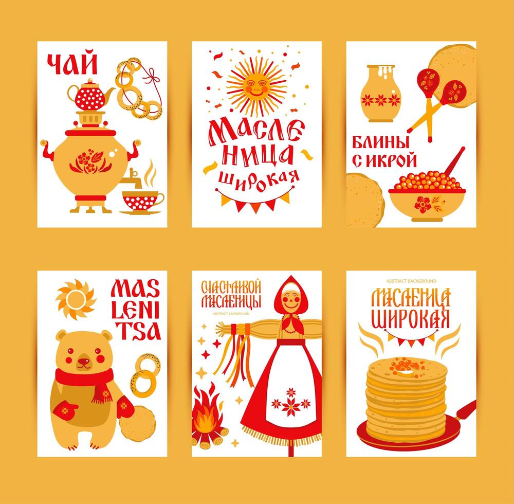 vector set kaarten op het thema van het Russische vakantie carnaval. russische vertaling gelukkig stuk maslenitsa, thee en pannenkoek met kaviaar.