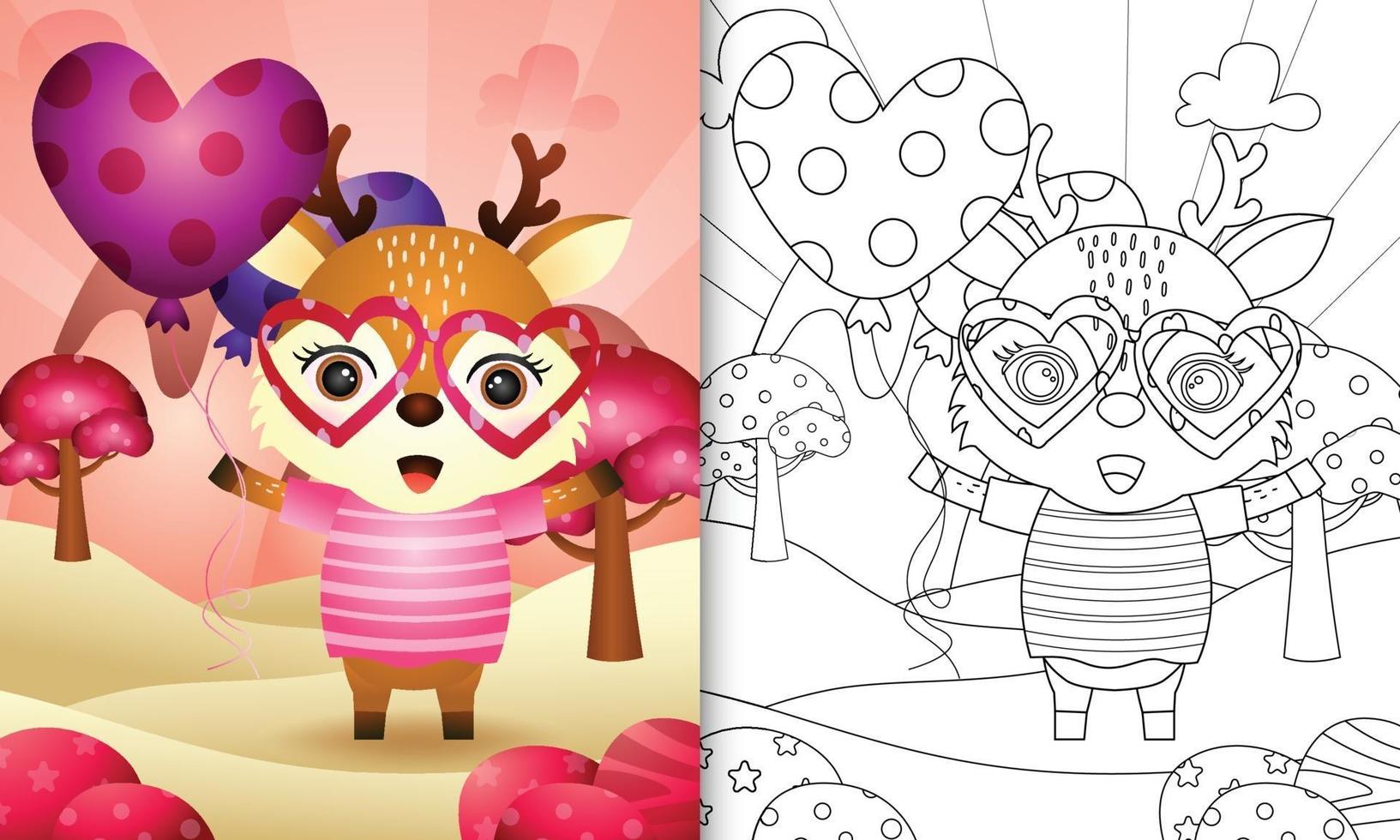 kleurboek voor kinderen met een schattige herten met ballon voor Valentijnsdag vector
