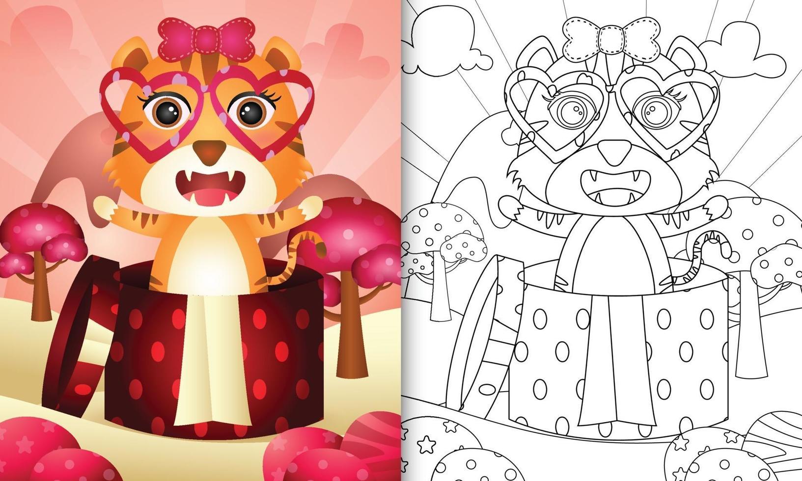kleurboek voor kinderen met een schattige tijger in de geschenkdoos voor Valentijnsdag vector