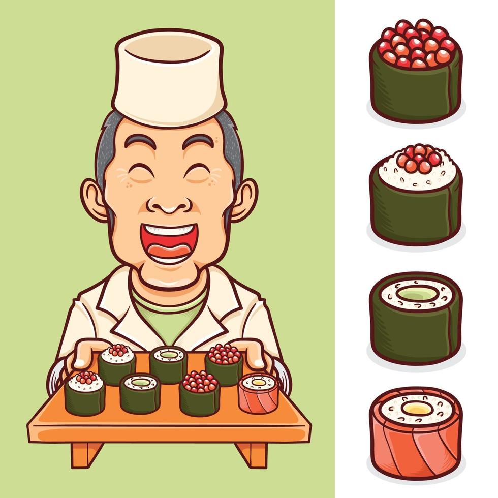 geïsoleerde sushi Japans eten met chef-kok tekenset vector