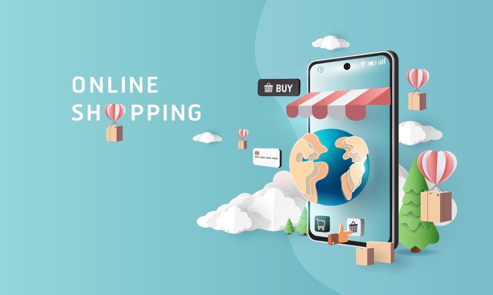 papierkunst online winkelen op smartphone en verkooppromotie achtergrondgeluid banner vector
