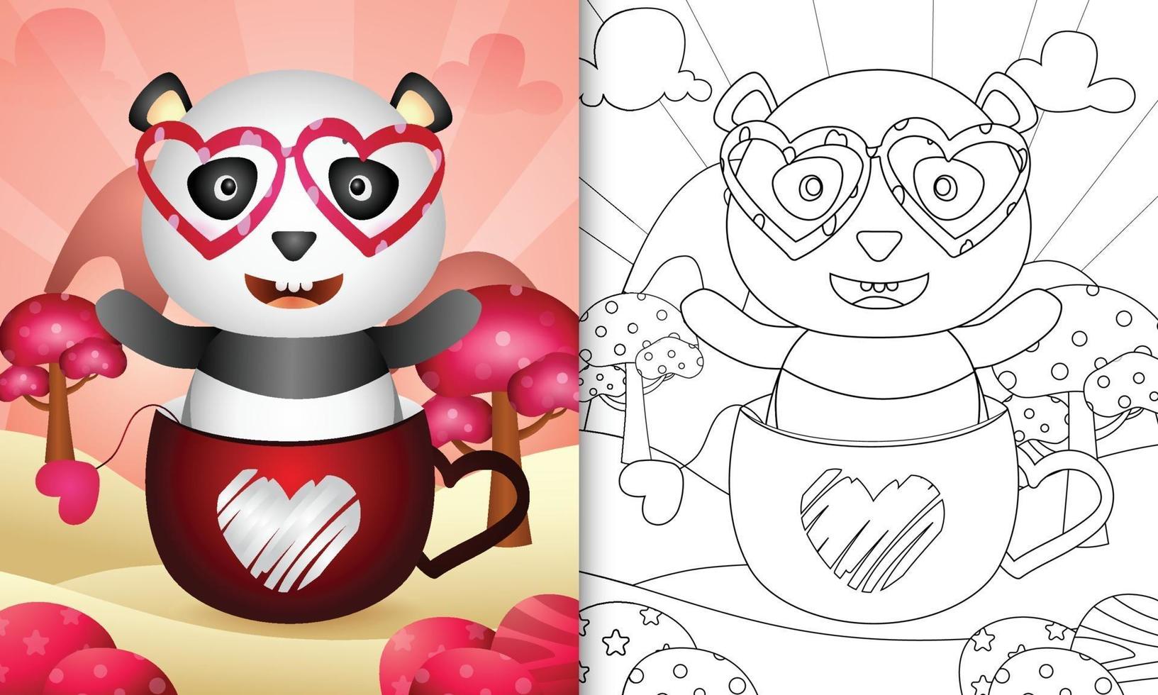 kleurboek voor kinderen met een schattige panda in de beker voor Valentijnsdag vector