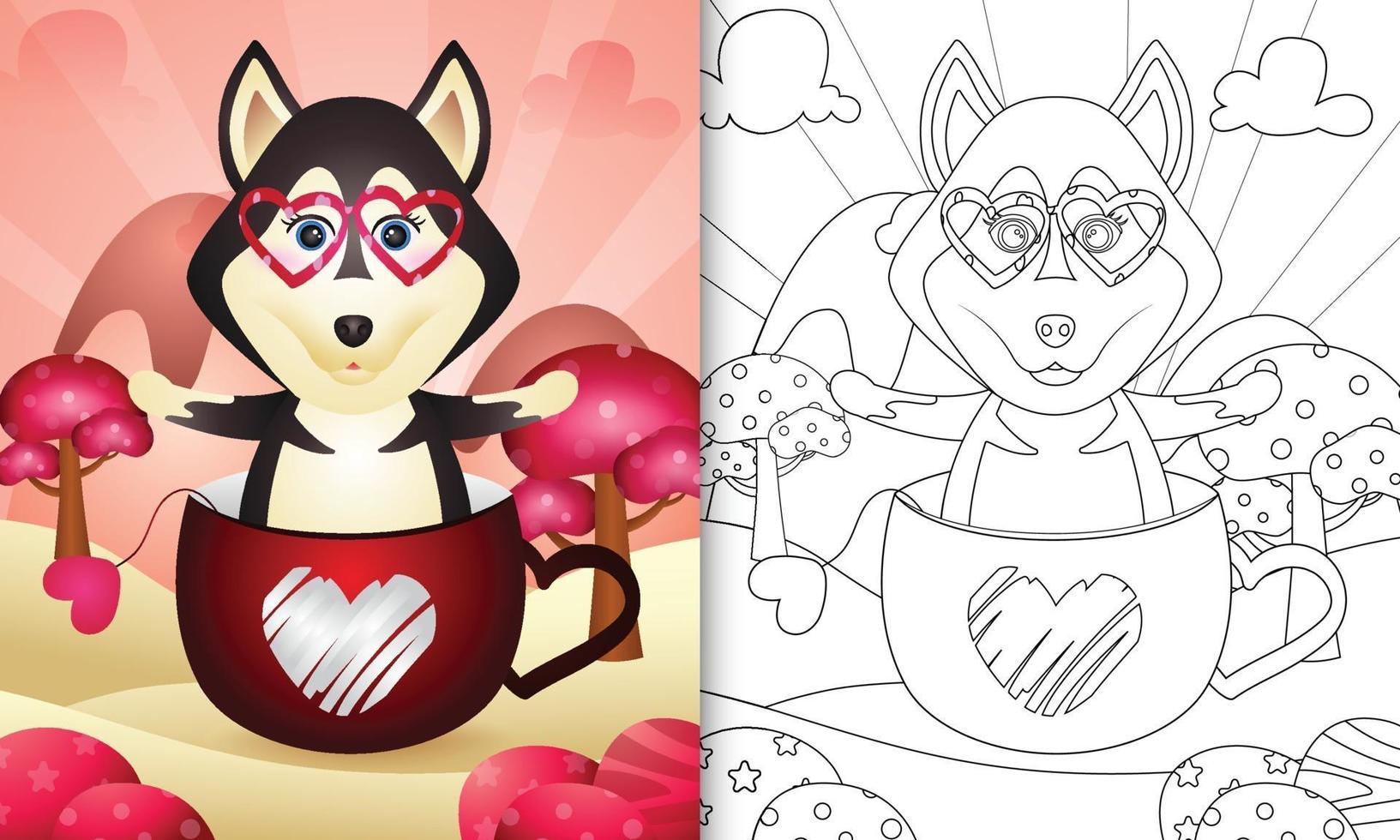 kleurboek voor kinderen met een schattige husky hond in de beker voor Valentijnsdag vector