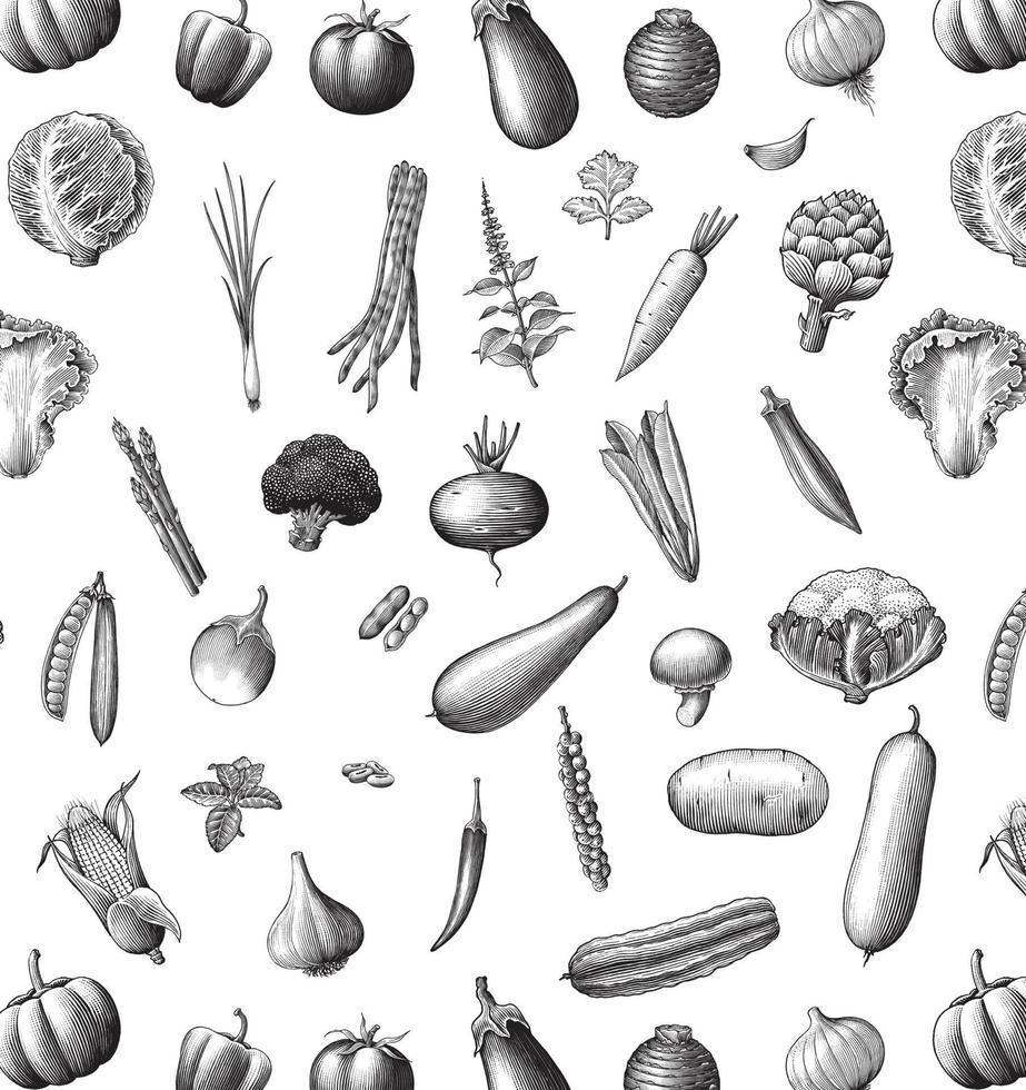 groenten collectie patroon hand tekenen vintage stijl zwart en wit geïsoleerd op een witte achtergrond vector