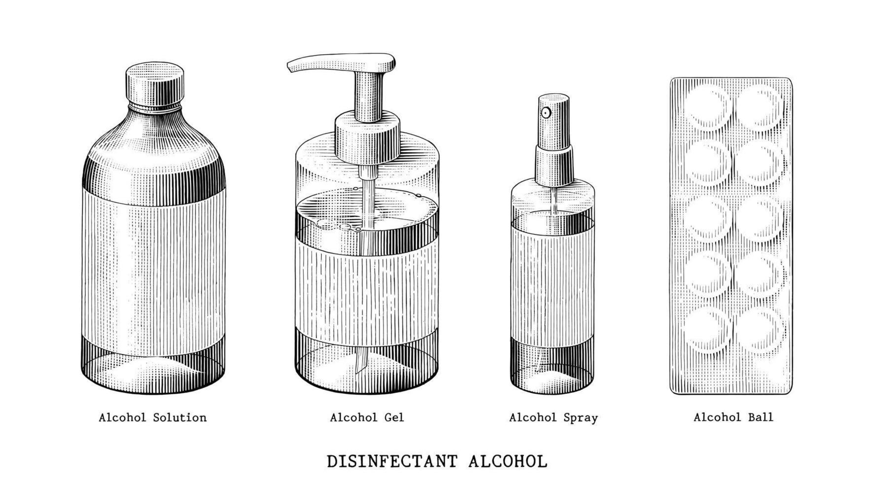 desinfecterende alcohol set hand tekenen vintage stijl zwart-wit kunst geïsoleerd op een witte achtergrond vector