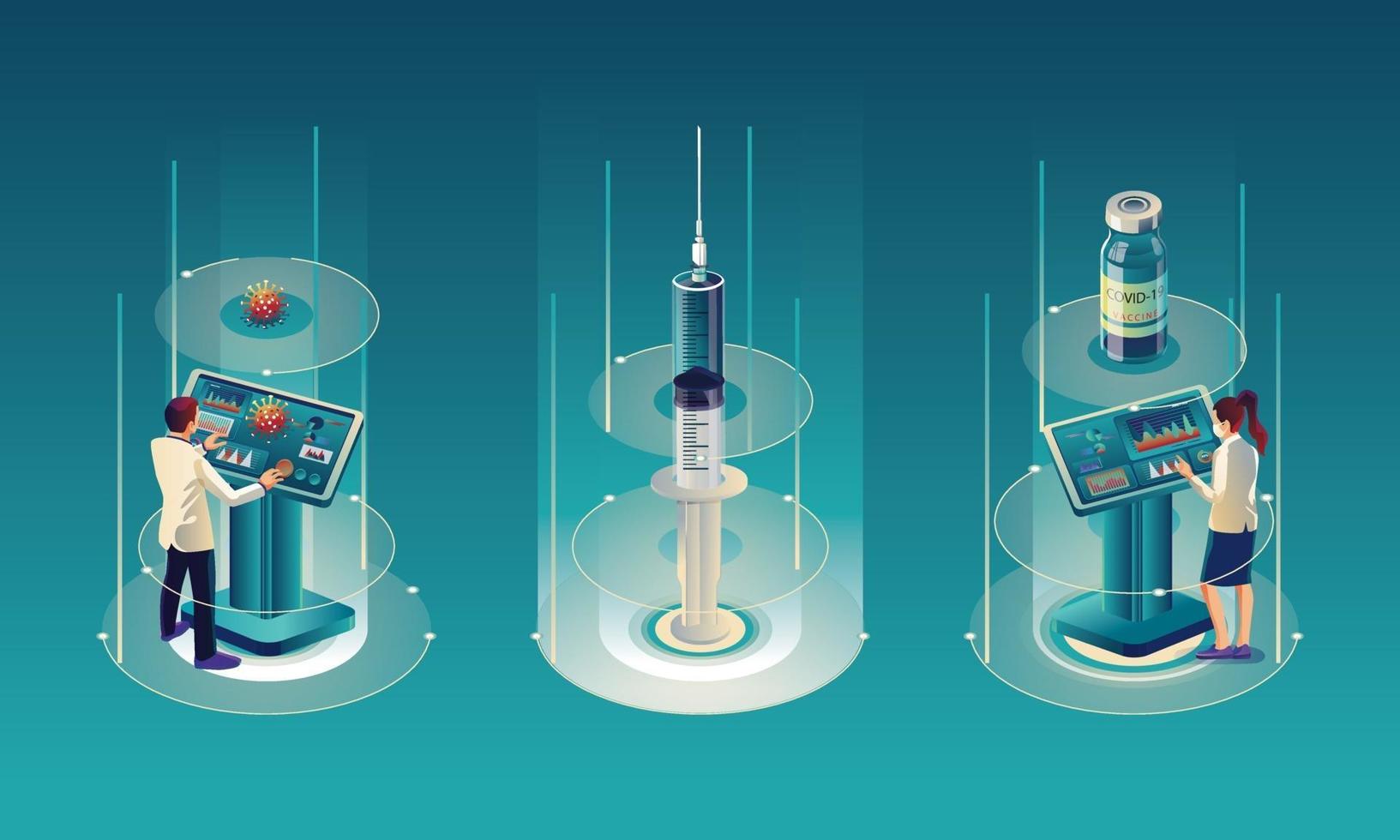 medisch team en wetenschapper hebben ontdekt dat het covid-19-vaccin, de laboratoriumtest, de injectiespuit, een vaccinflesje bezig is met de test. vaccinontwikkeling klaar voor behandeling illustratie, vector plat ontwerp