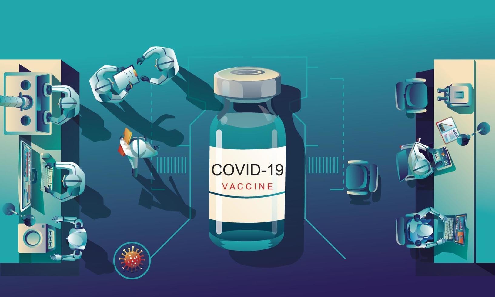 medisch team en wetenschapper hebben ontdekt dat het covid-19-vaccin, de laboratoriumtest, de injectiespuit, een vaccinflesje bezig is met de test. vaccinontwikkeling klaar voor behandeling illustratie, vector plat ontwerp