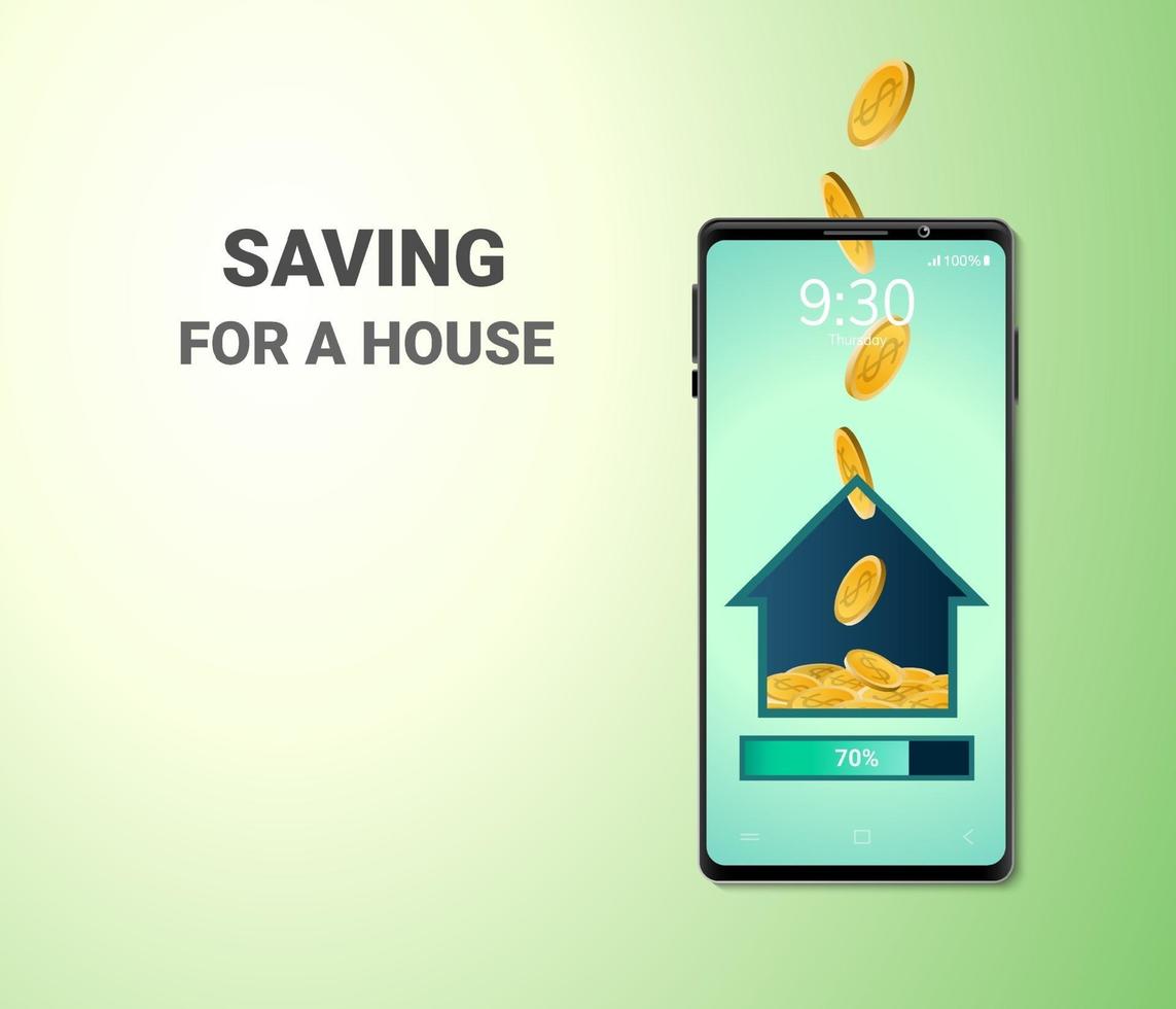 digitaal geld online en lege ruimte op de achtergrond van de telefoon mobiele website sparen of storten voor een huis sociaal afstandsconcept vector