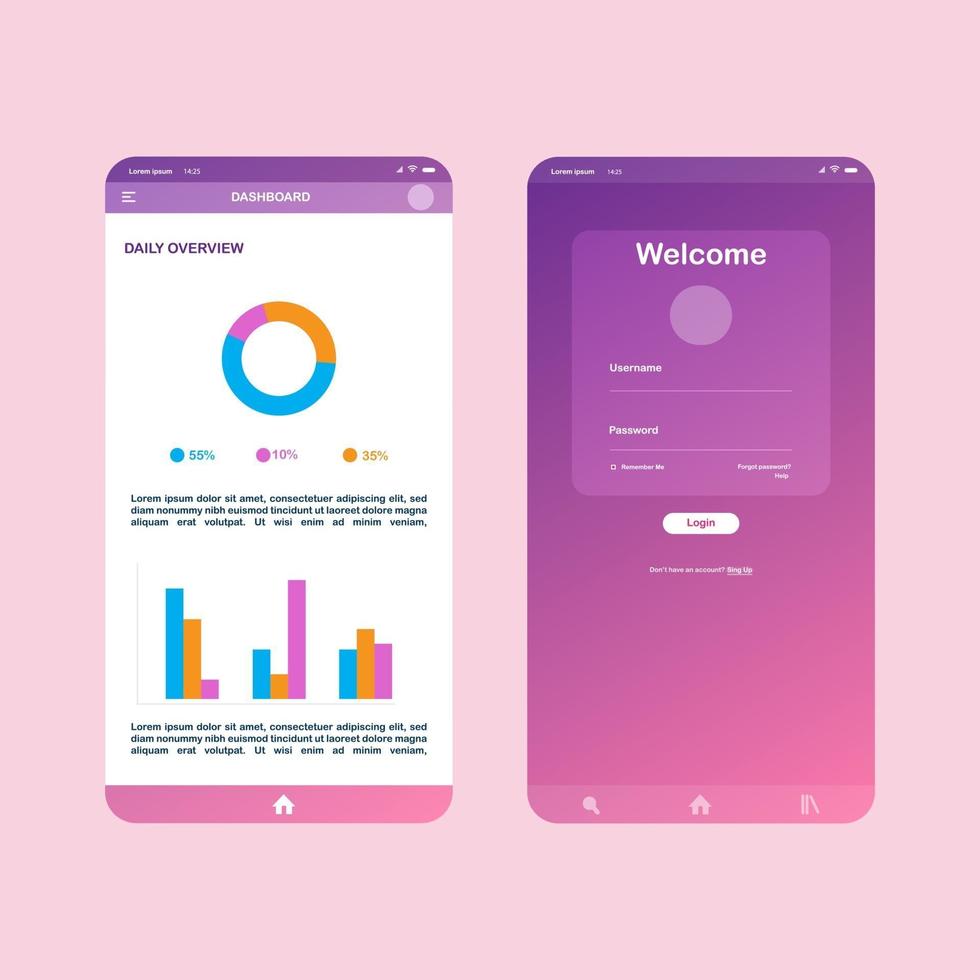 platte ontwerp responsive admin dashboard ui mobiele app. ui mobiele login en dashboard-app. app platte ontwerpsjabloon voor mobiele apps, responsieve wireframes voor websites. webdesign ui kit. vector