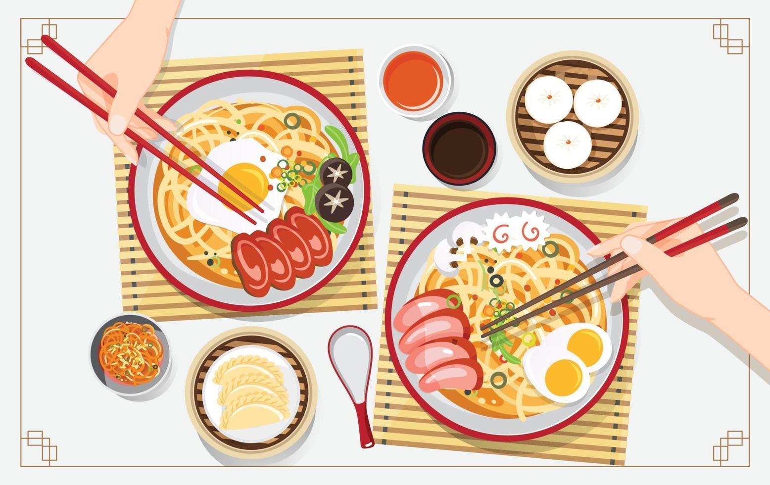 traditionele chinese soep met noedels, noedelsoep in chinese kom Aziatisch eten vectorillustratie vector