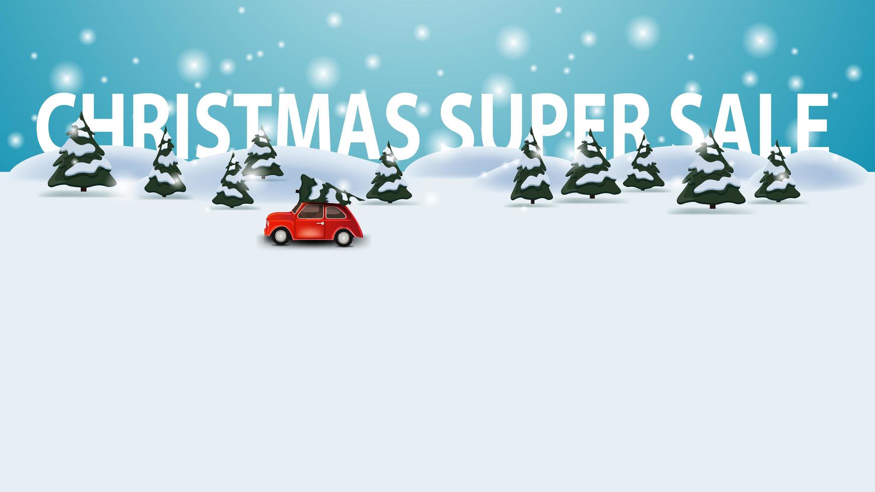 kerst super verkoop, kortingssjabloon met cartoon winterlandschap met rode vintage auto met kerstboom vector