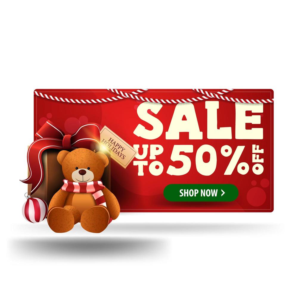 Kerst rode 3d korting banner met heden met teddybeer geïsoleerd op een witte achtergrond vector