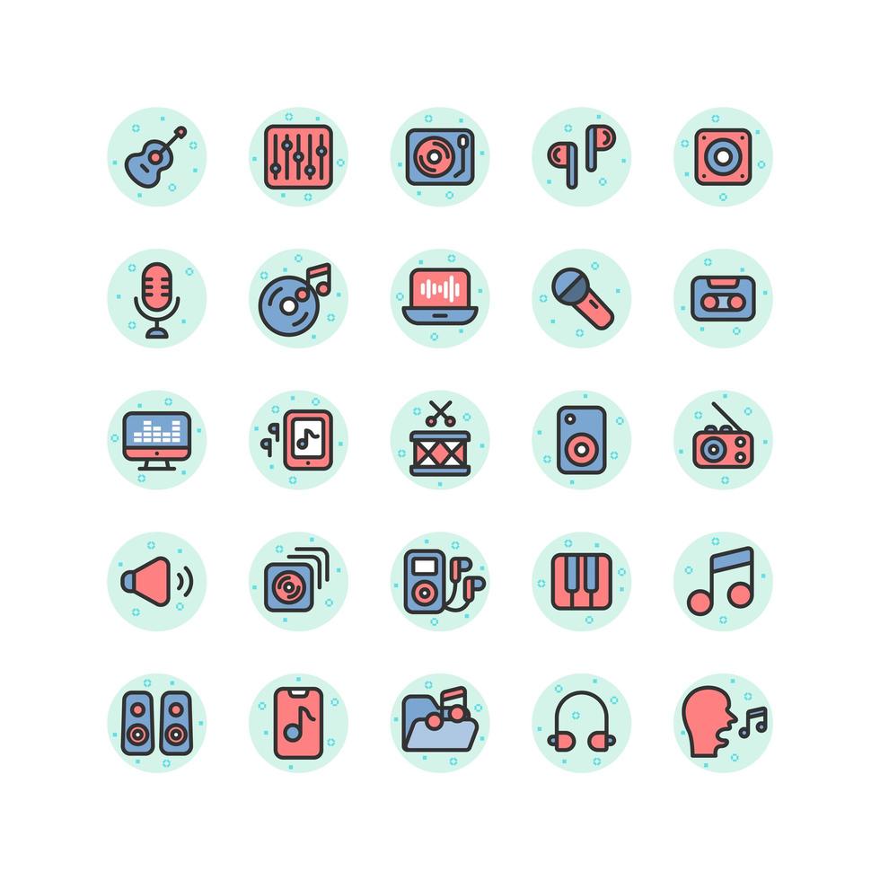 muziek en geluid gevuld overzicht icon set. vector en illustratie.