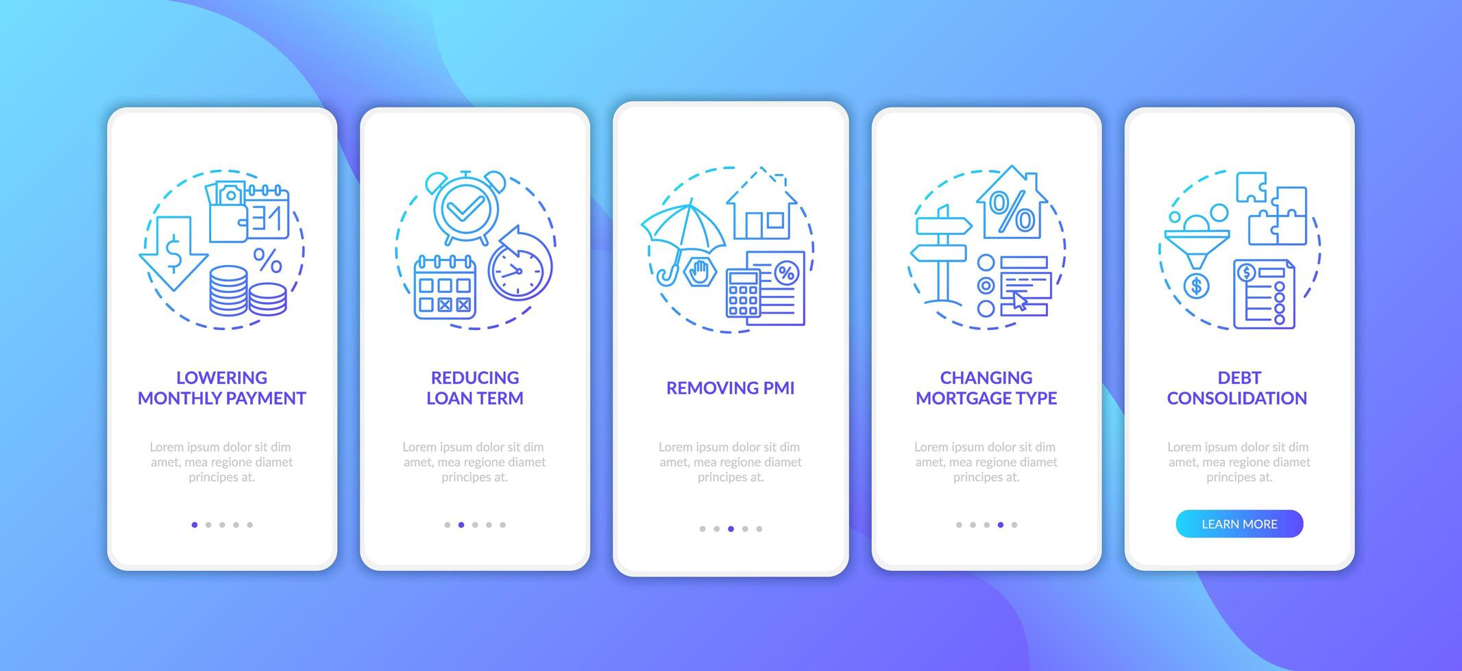 hypotheekherfinancieringsvoordelen onboarding mobiele app-paginascherm met concepten vector