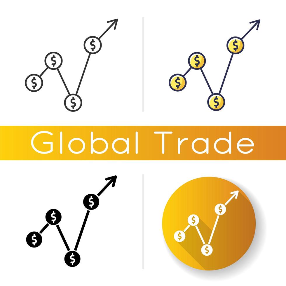 bruto binnenlands product pictogram. marktwaarde monetaire maatstaf. productie gelijk en bruto toegevoegde waarde som geaggregeerde maat. lineaire zwarte en rgb-kleurstijlen. geïsoleerde vectorillustraties vector