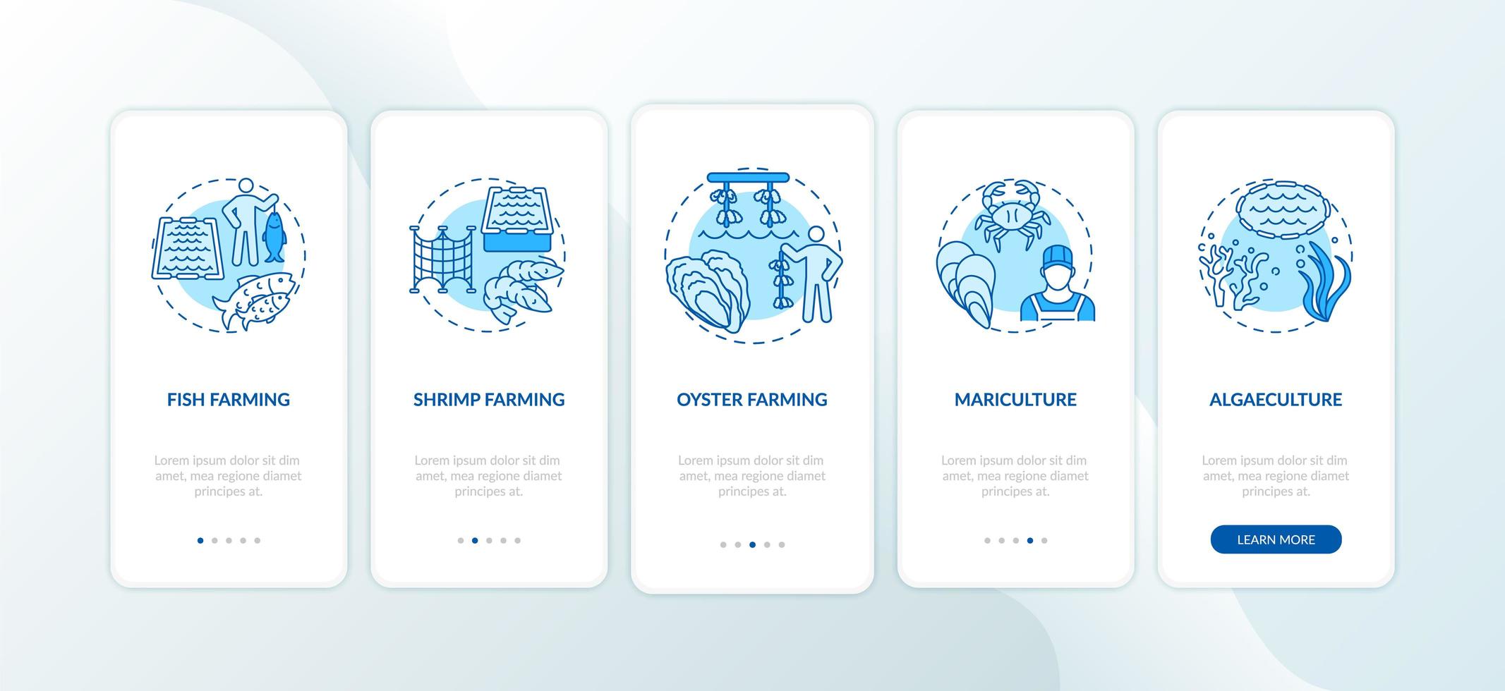 aquacultuur onboarding mobiele app-paginascherm met concepten vector