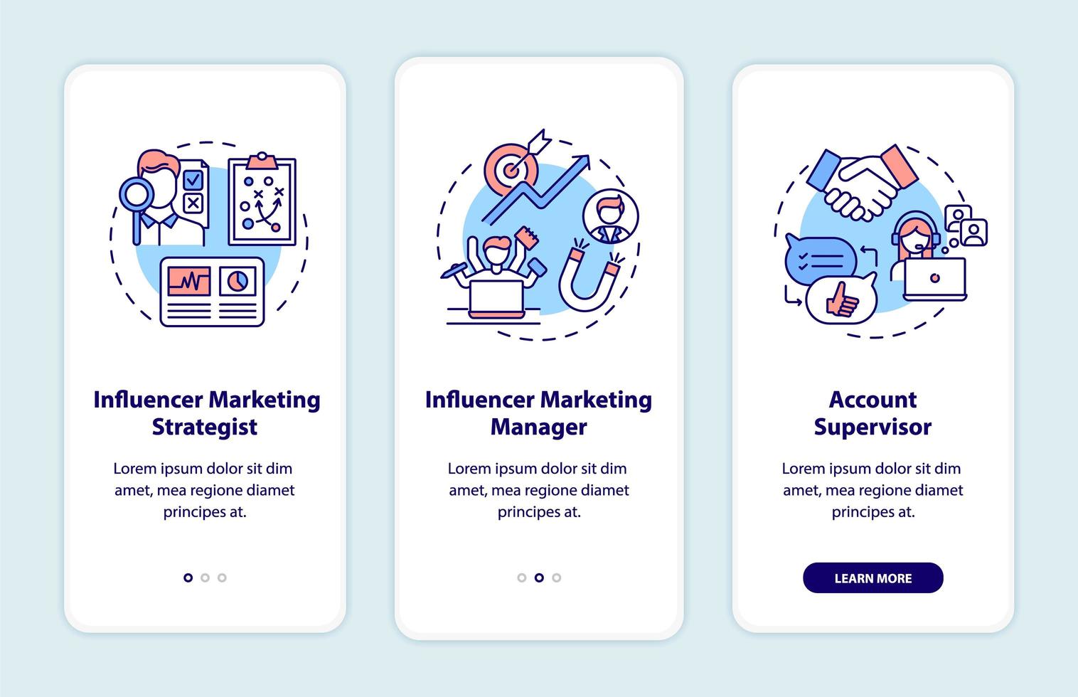 influencer marketing banen onboarding mobiele app paginascherm met concepten vector