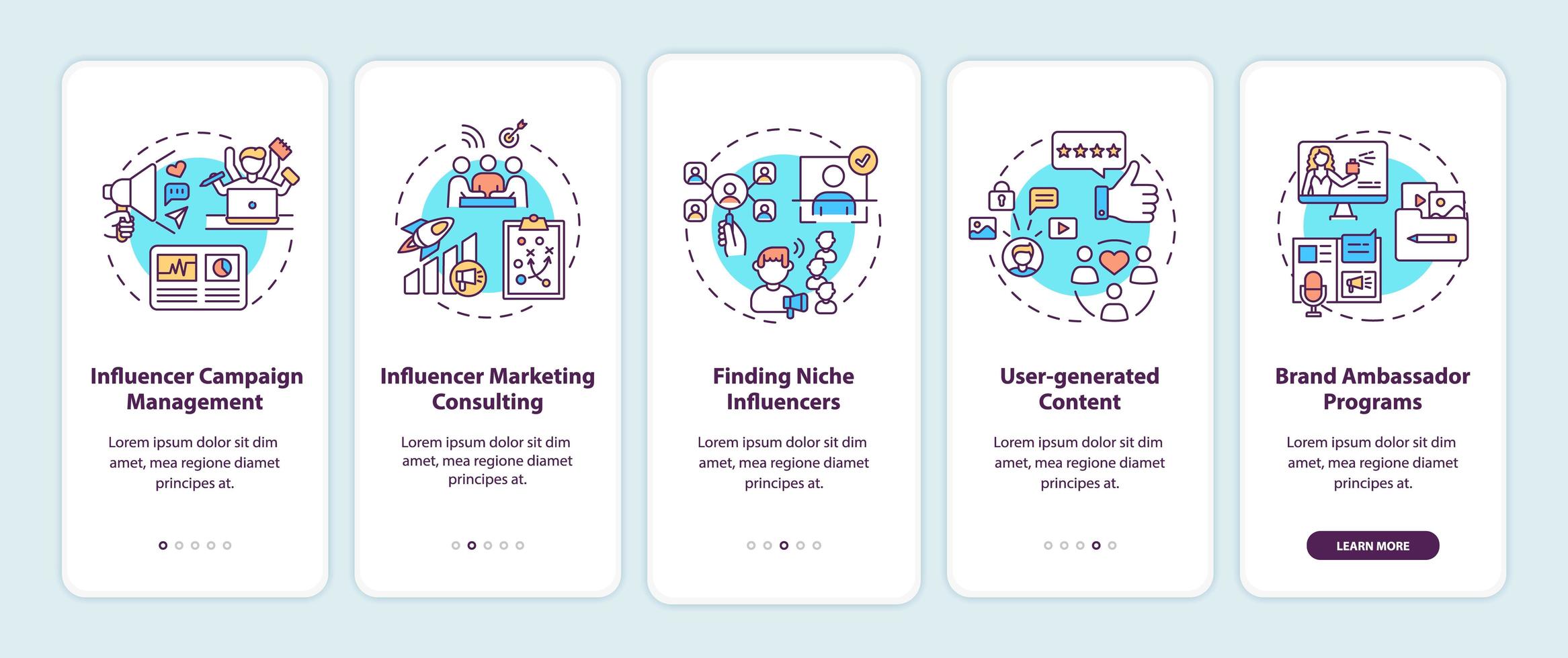 influencer marketingbureau services onboarding mobiele app-paginascherm met concepten vector