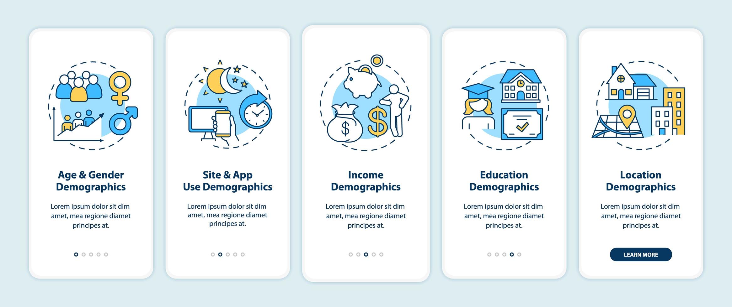 sociale media demografie onboarding mobiele app-paginascherm met concepten vector