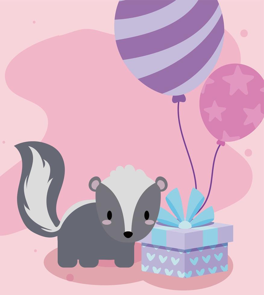 schattig kawaii skunk met helium ballonnen en cadeau vector