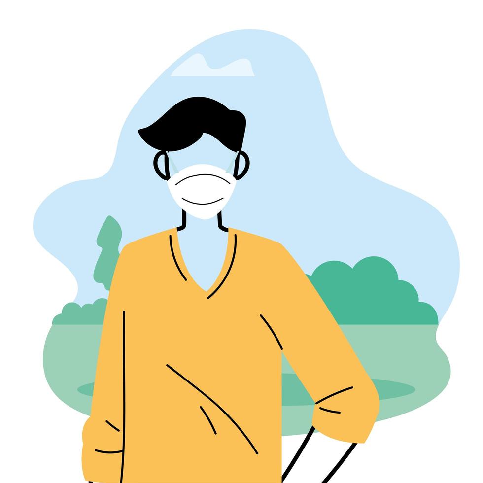 jonge man met gezichtsmasker om virus in het park te voorkomen vector