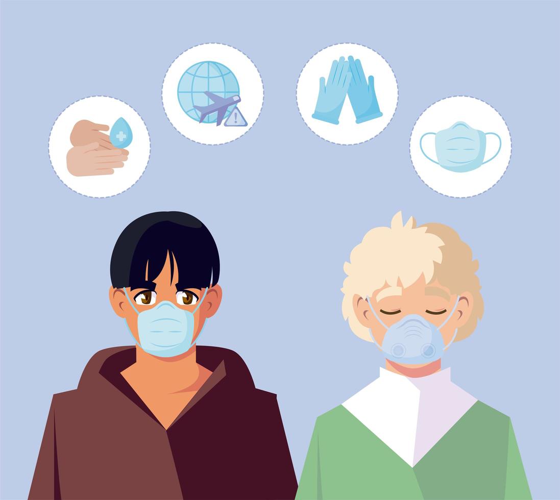 mannen met medische maskers en covid19 icon set vector design